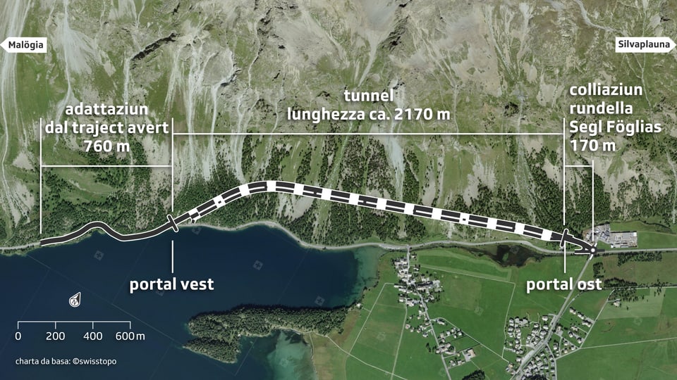 Carta da satellit cun inditgà tunnel.