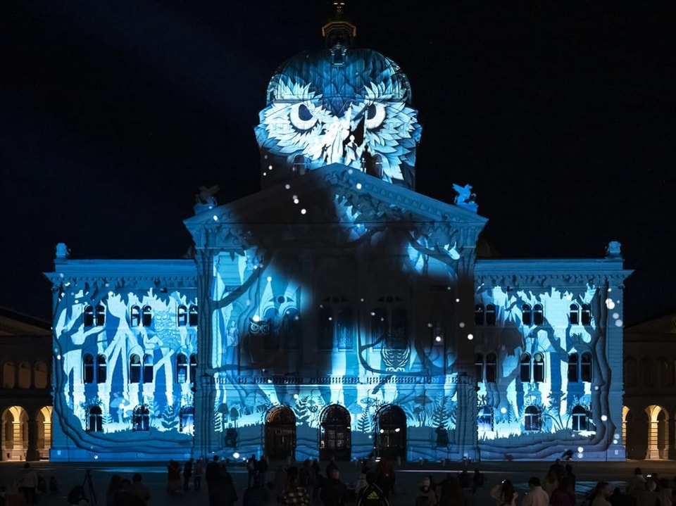 Ein grosses Gebäude, auf dem ein Eulenkopf und die Silhouette eines Vogels leuchten.