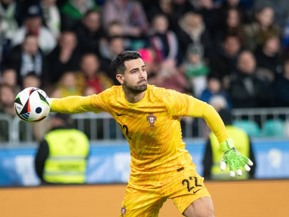 Torhüter im gelben Trikot, der einen Ball wirft.