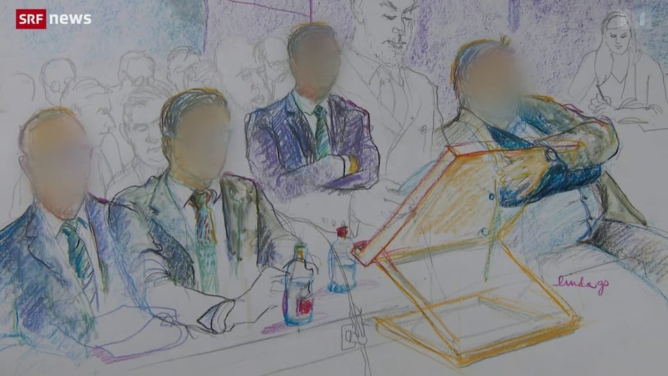 Eine Zeichnung, welche vier Personen aufzeigt, welche in starken Farben gezeichnet wurden. Dahinter graue Personen.
