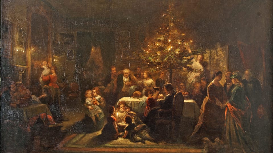 Ein Gemälde, das eine Weihnachtsfeier um 1850 zeigt.