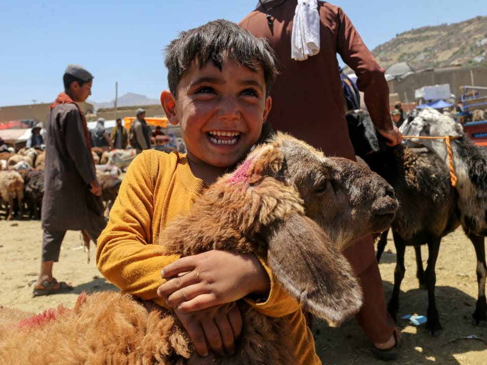 Junge umarmt lächelnd ein Schaf auf einem Tiermarkt.