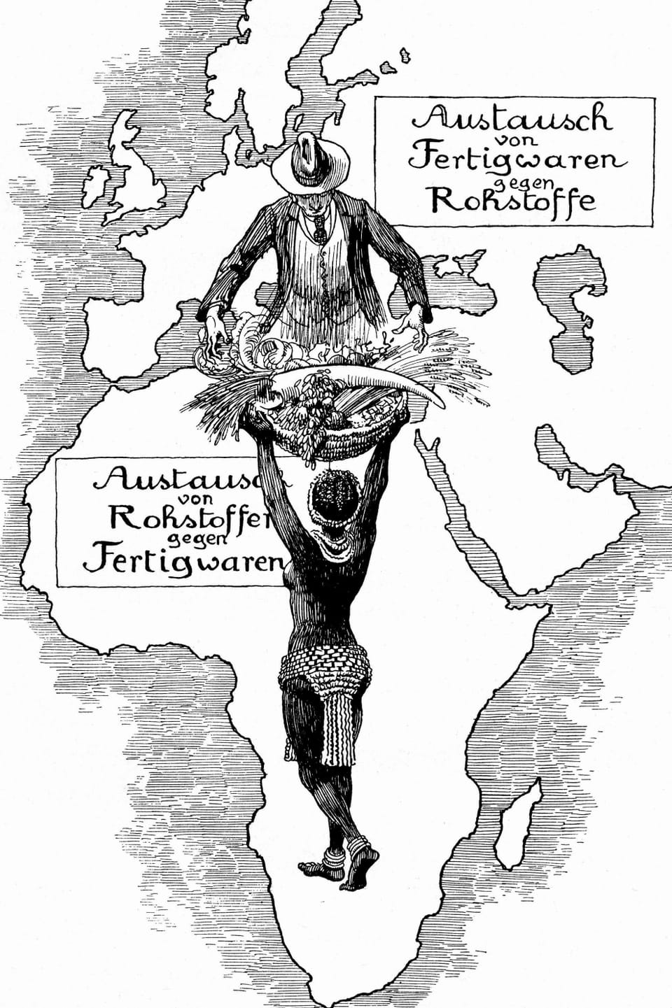 Schwarz-Weiss Karte mit einer indigenen Bewohnerin Afrikas (von hinten) mit einem Gabenkorb, über ihr ein Mann mit Anzug