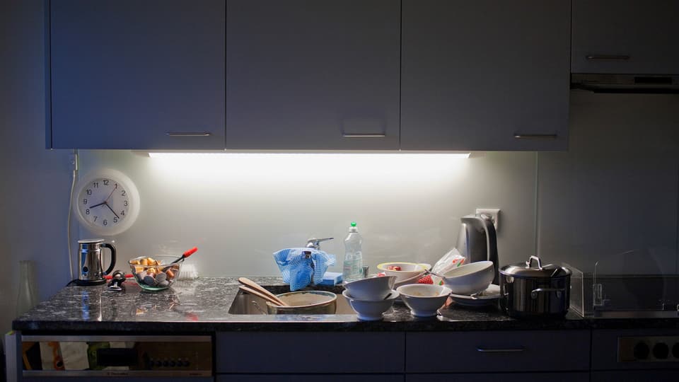 Eine Küche, beleuchtet von einer Neonröhre.
