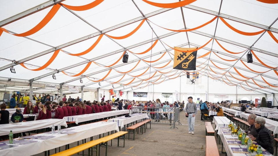 Gäste, Musikanten und Musikantinnen im Festzelt