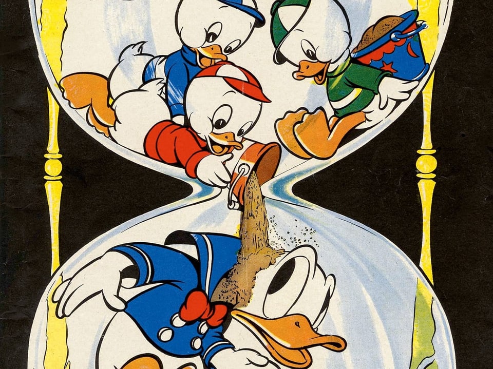 Drei Comic-Enten kippen Sand in Sanduhr, unten Donald Duck