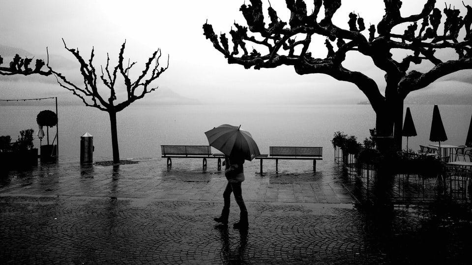 Mann mit Schirm unterwegs an der Seepromenade.