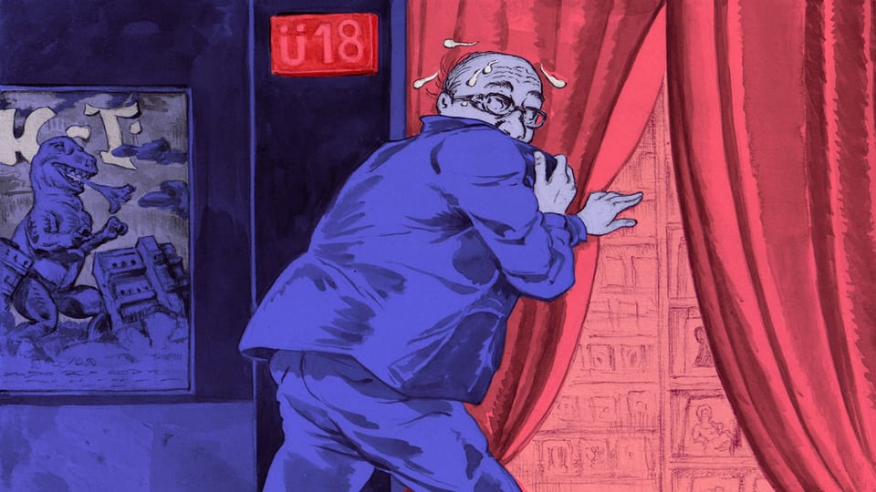 Illustration eines Mannes, der in eine Videothek hineingeht. Auf einem Schild steht «Ü 18»