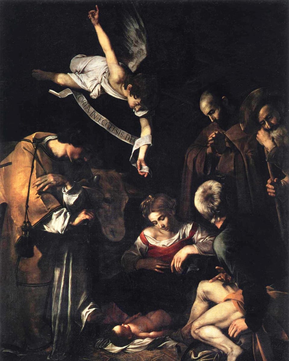 Gemälde: Jesuskind umgeben von Maria, Josef, Hirten und Engeln