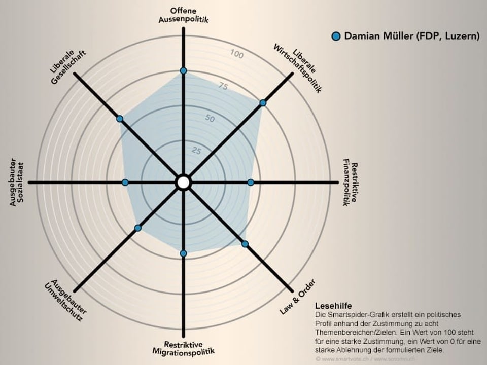 Das politische Profil von Damian Müller schematisch dargestellt.