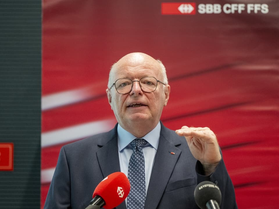 Mann hält eine Rede vor SBB CFF FFS Plakat mit Mikrofonen.