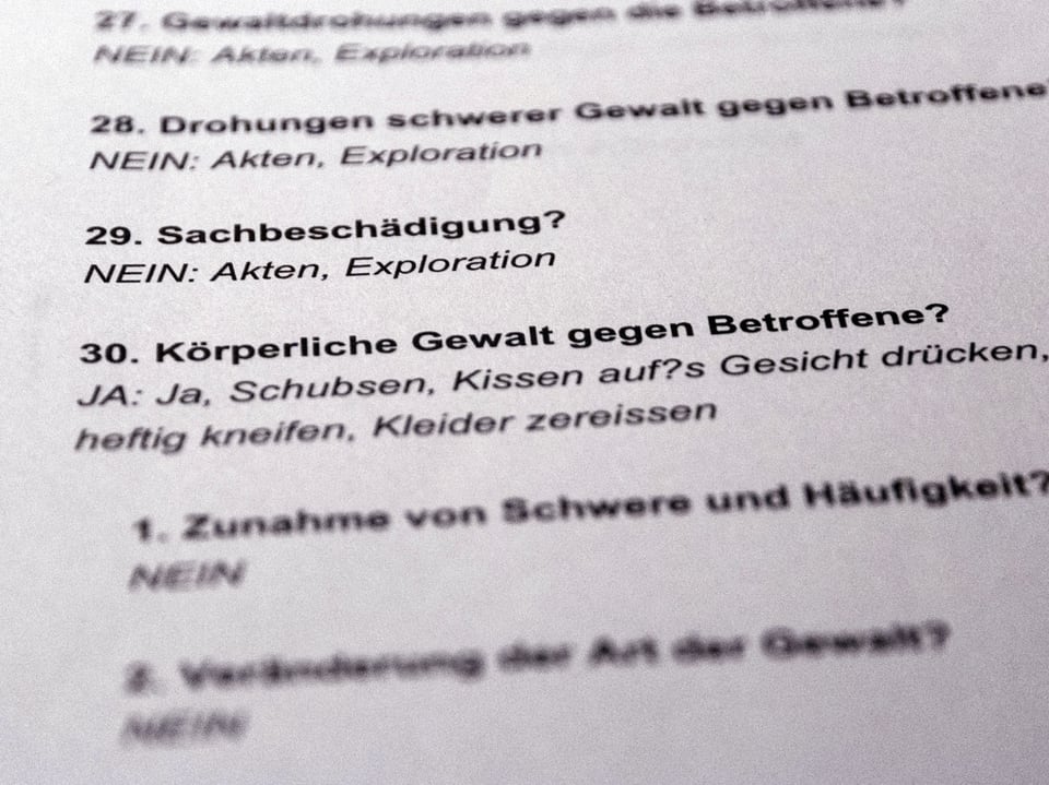 Gegen Ende des Fragebogens wird es konkreter: Wurde bereits Gewalt gegen die Betroffene ausgeübt?