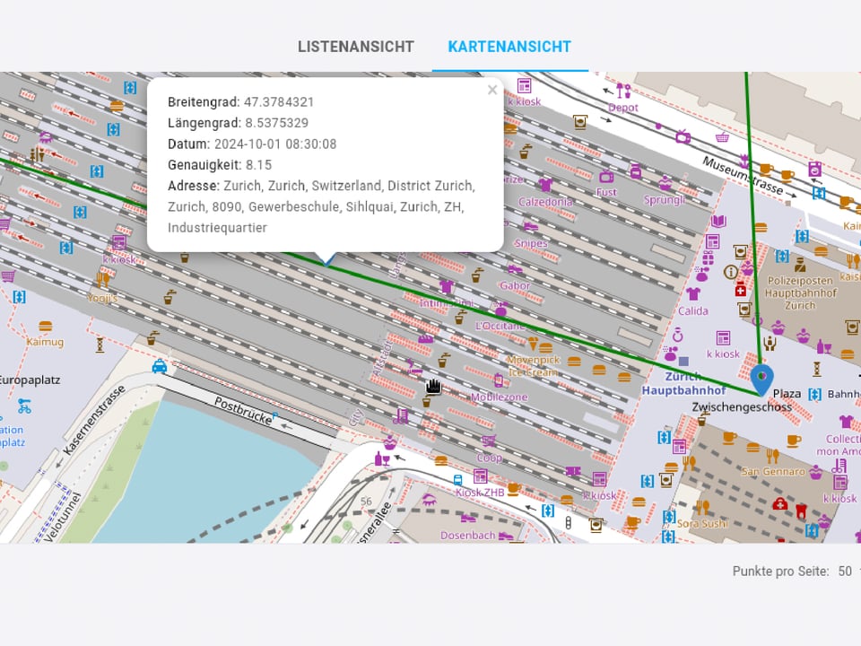 Screenshot einer Verortungskarte, die den Zürich Hauptbahnhof zeigt