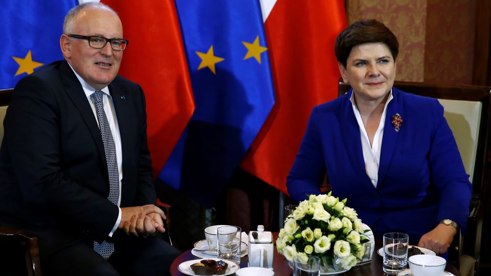 Timmermanns und Szydlo sitzen an einem Tisch, dahinter Fahnen