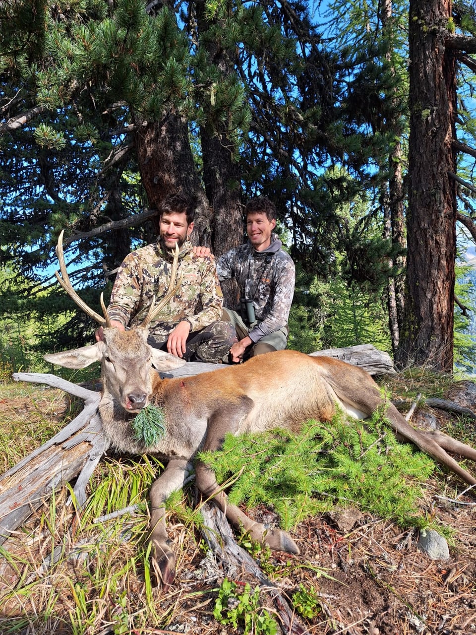 Zwei Jäger posieren mit einem erlegten Hirsch im Wald.