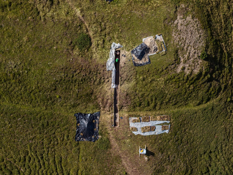 Luftaufnahme einer archäologischen Ausgrabungsstätte auf einer grünen Wiese.