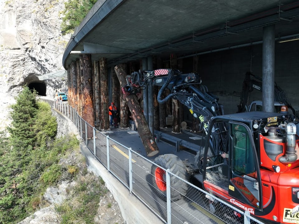 Forstmaschine bewegt Baumstämme auf Bergpfad nahe Tunnelausgang.