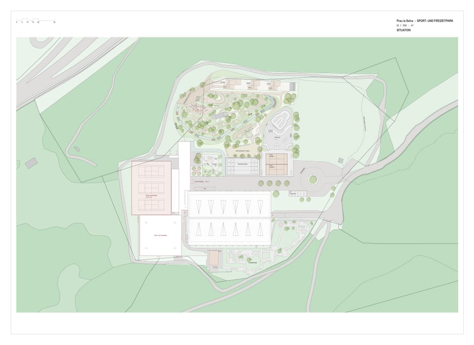 Architektonischer Lageplan eines Gebäudekomplexes in einer grünen Umgebung.