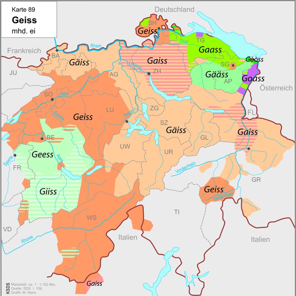 Eine Dialektkarte der Deutschschweiz mit Varianten von «Geiss» mit unterschiedlich eingefärbten Gebieten.