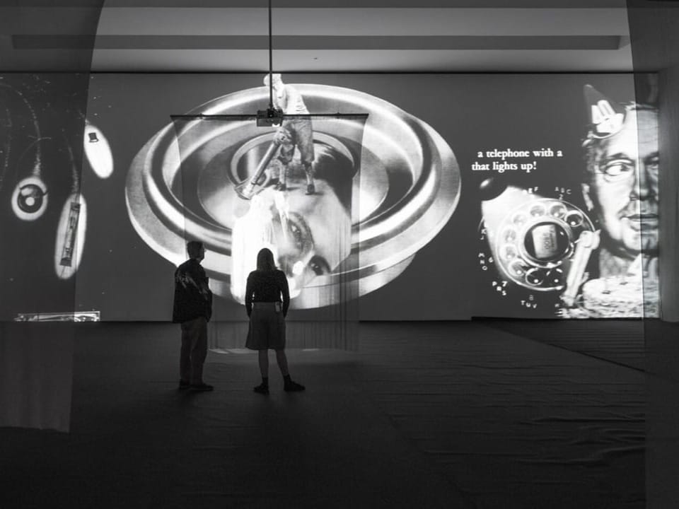 Zwei Personen betrachten eine schwarz-weisse Multimedia-Projektion in einem dunklen Raum.