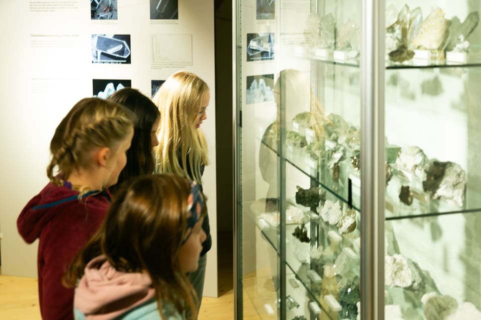 Kinder schauen in eine Glasvitrine mit Kristallen.