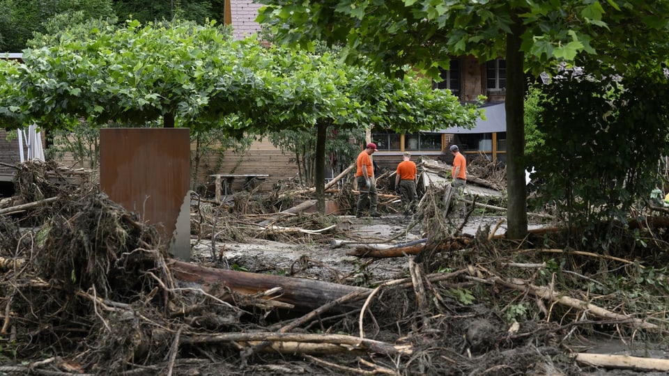 Arbeiter in orangen Westen säubern nach einer Überschwemmung Waldgebiet vor einem Gebäude.