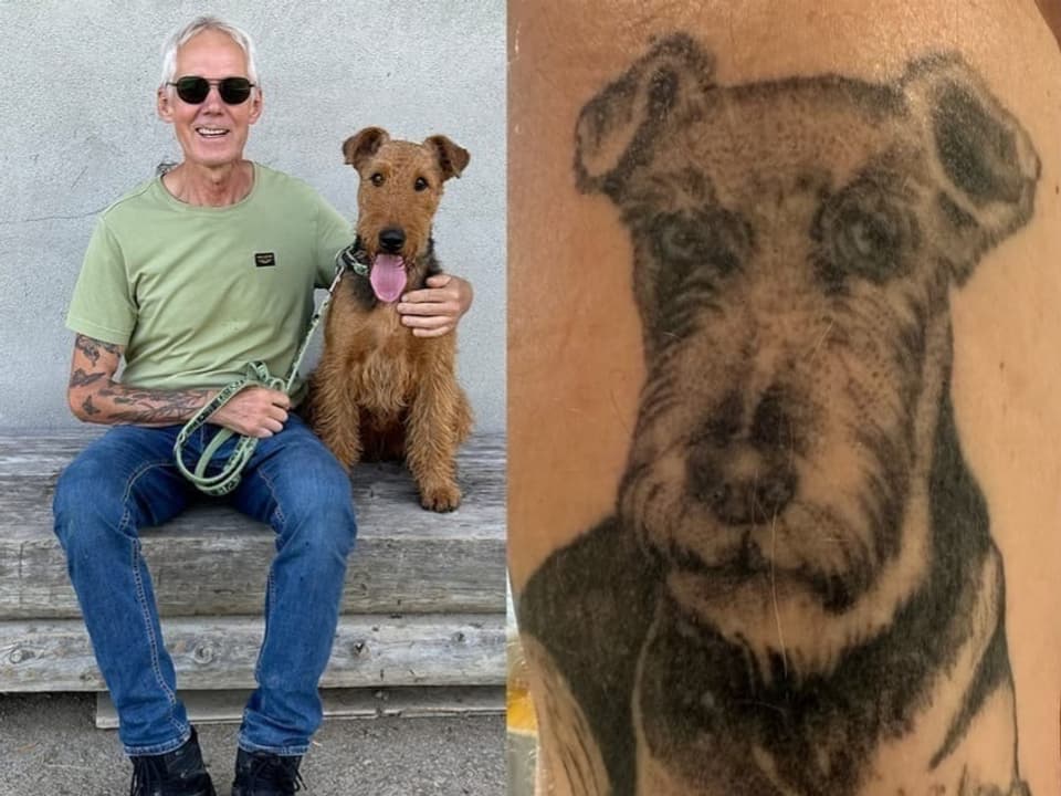 Airdale Terrier in echt und als Tattoo. Markus Kunz sitzt mit seinem Hund auf einer Bank.