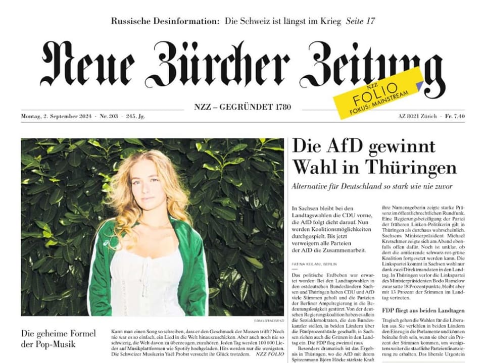 Auf bei der NZZ befindet sich der AfD-Wahlerfolg auf der Front.