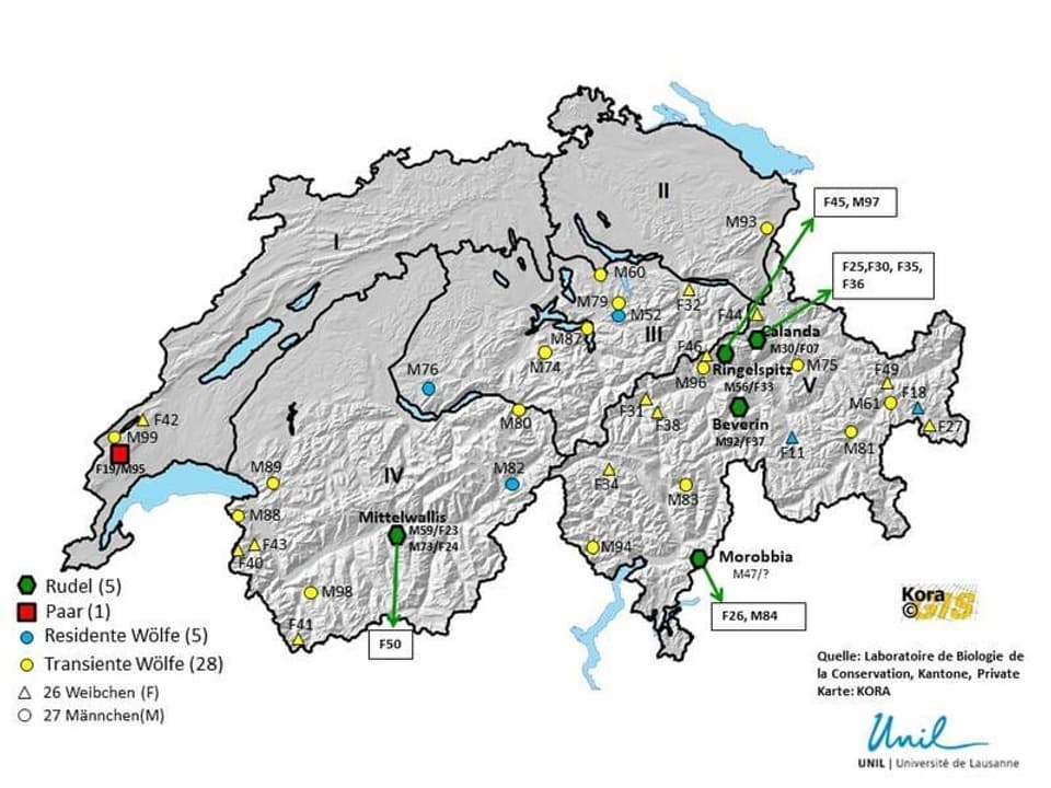 Carta geografica che mussa ils lufs identifitgads en la Svizra