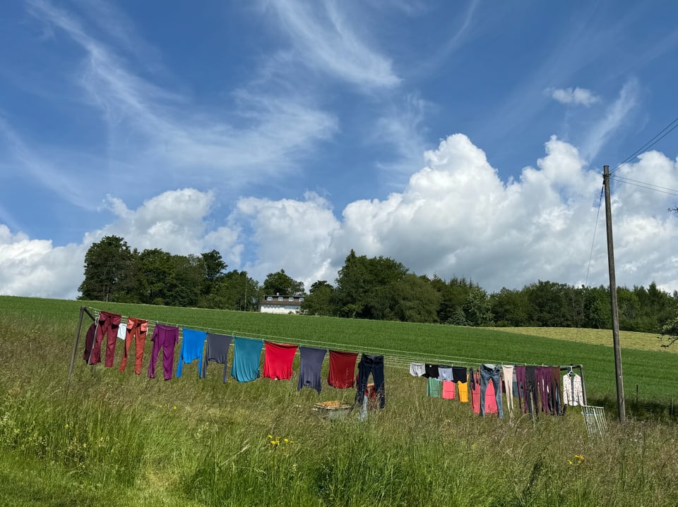 Wäscheleine mit Kleidung auf einer grünen Wiese unter blauem Himmel.