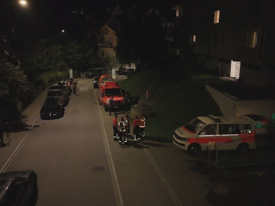 Polizeiauto, Rettungskräfte und Feuerwehrauto in der Nacht vor einem Haus