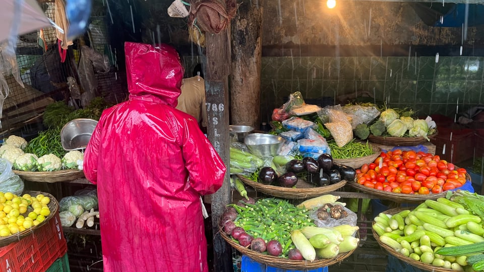 Eine Person in Regenpellerine steht vor einem Marktstand