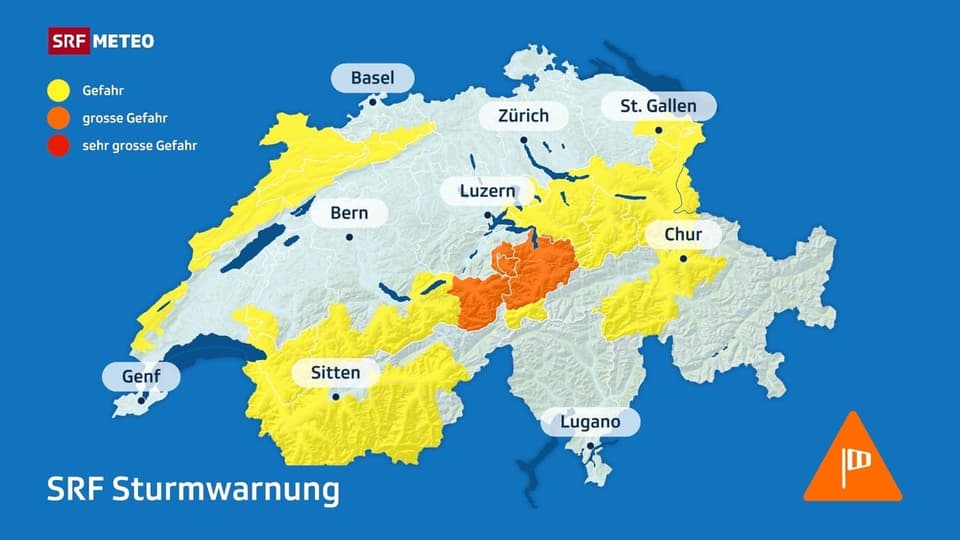 Swiss map with storm warnings in yellow, orange and red.