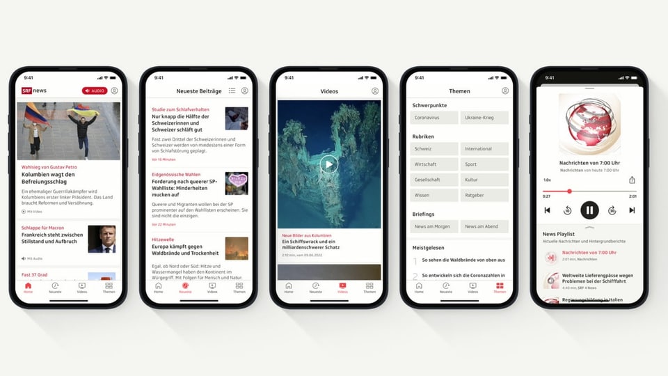 Drei Printscreens der SRF News App mit App Front, Video und Audio