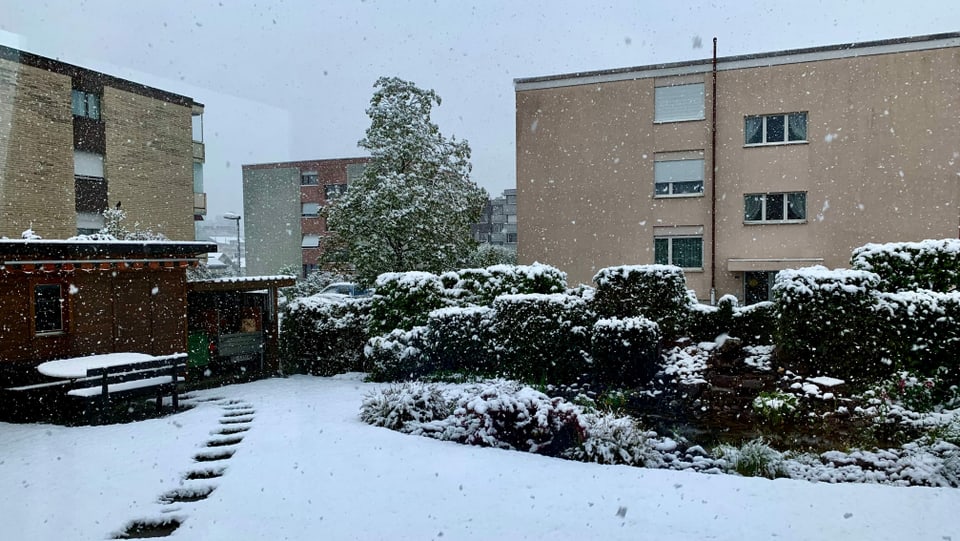 Verschneite Wiese vor Wohnblocks in Glarus 