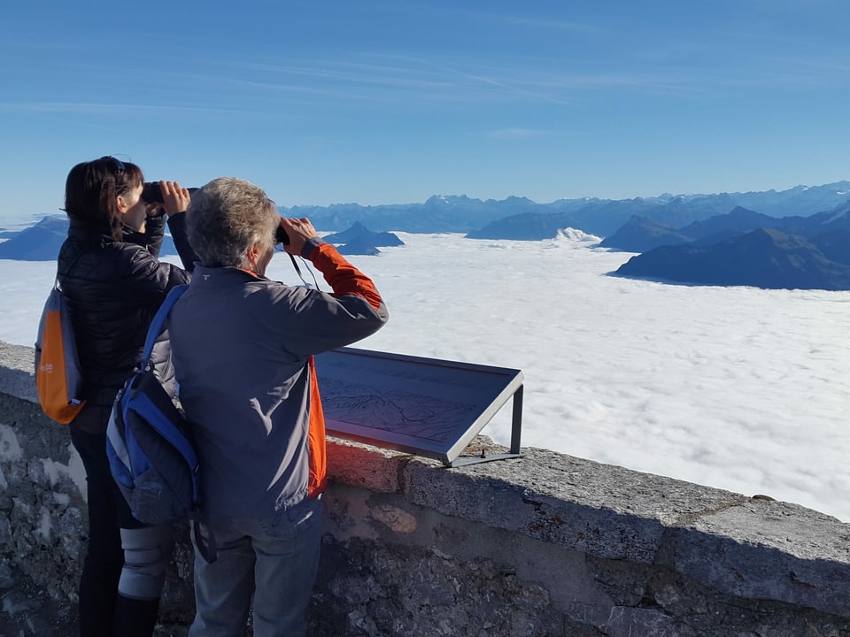 Zwei Frauen schauen mit Feldstechern übers Nebelmeer an die Berge.