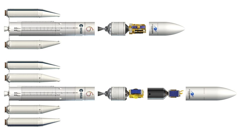 Grafik der Rakete Ariane 6, links im Flugkonfiguration, rechts in Einzelteilen.
