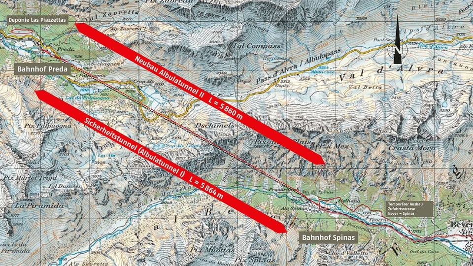 Visualisaziun dals dus tunnels tras il massiv da l'Alvra.