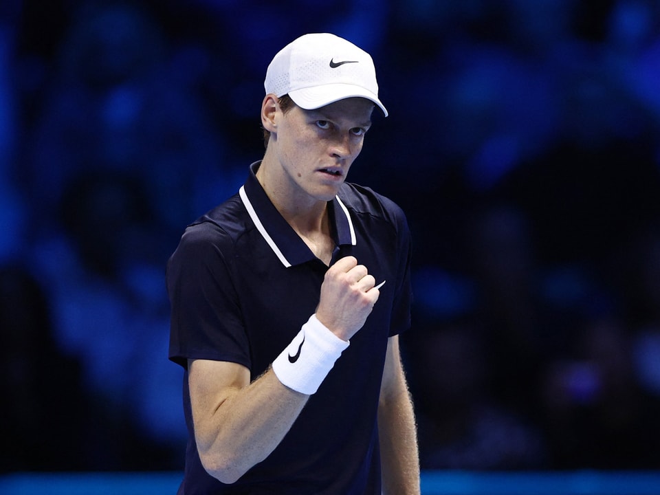 Tennisspieler auf dem Platz mit Siegerpose.