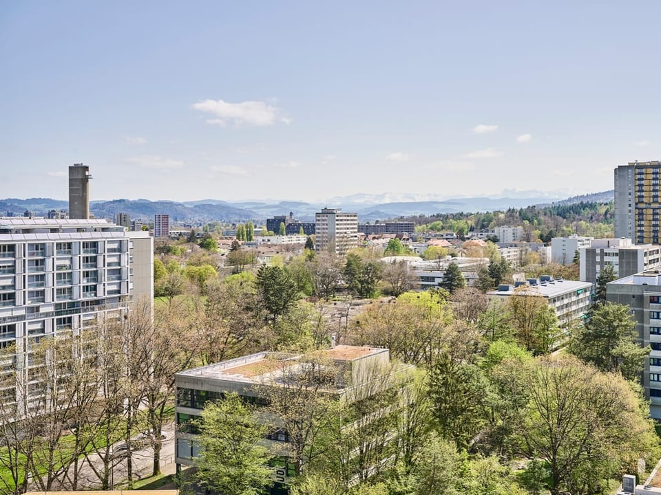 Stadtlandschaft mit Wohnungen und Bäumen im Frühling.