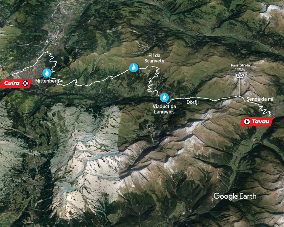 Karte der Strecke Cuira nach Tavau mit markierten Stationen und Sehenswürdigkeiten.