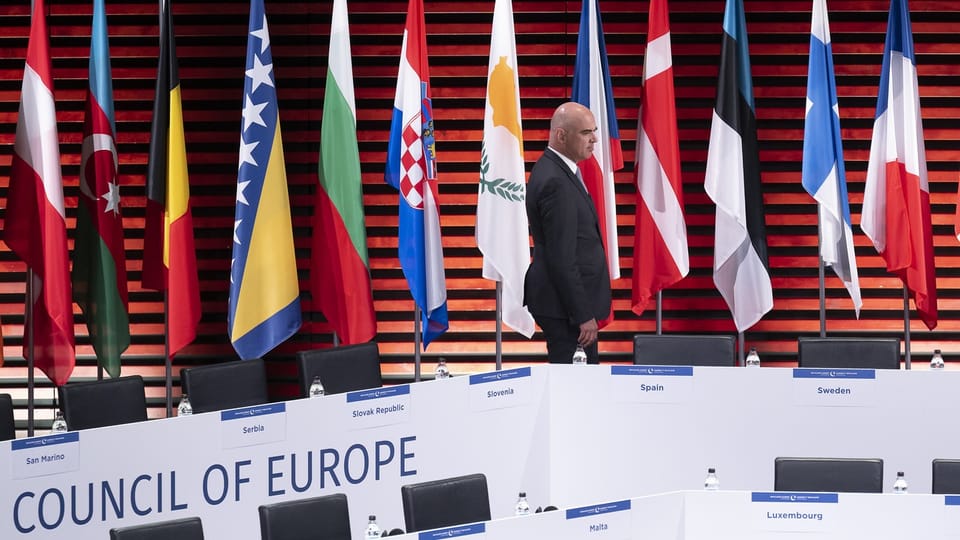 Mann steht vor Flaggen und Schildern beim Europarat.