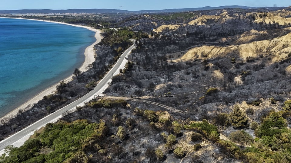 Luftaufnahme von verbrannter Landschaft neben Küstenstrasse.