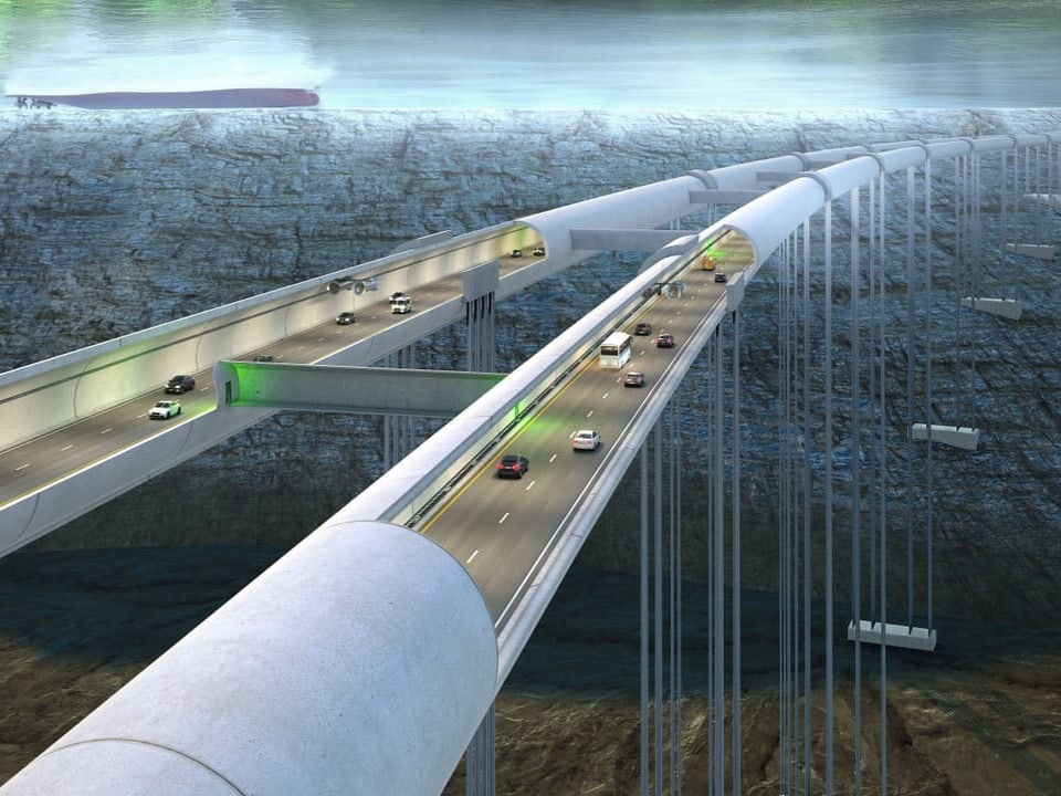 Futuristische Brücke über Wasser mit Autobahnen und Tunneln.