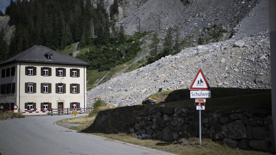 Landstrasse mit Warnschild «Schulweg» vor dem Schulhaus und Gesteinsmassen