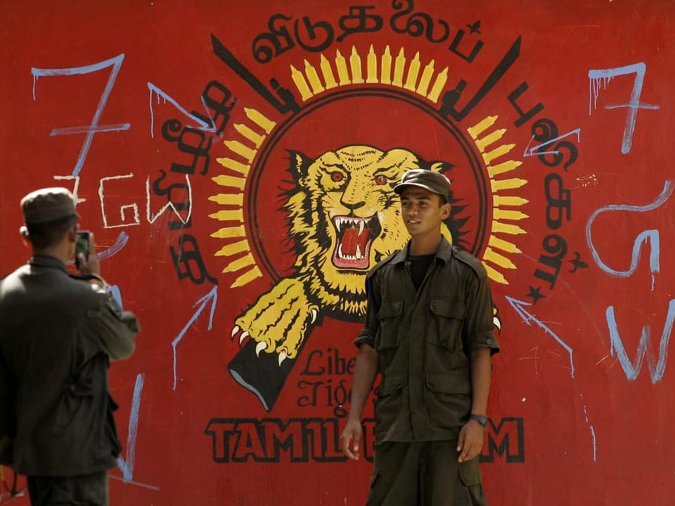 Armee-Soldat vor einer Wandmalerei der Tamil Tigers