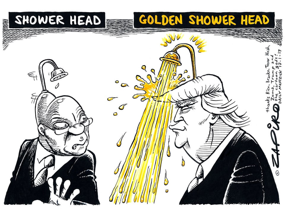 Zuma mit Duschkopf auf dem Kopf neben Trump mit goldenen Duschkopf und Goldwasser, das auf ihn sprudelt.