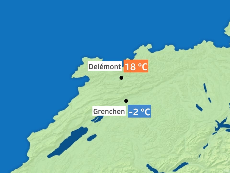 Karte mit Temperaturen in Delémont (18°C) und Grenchen (−2°C).