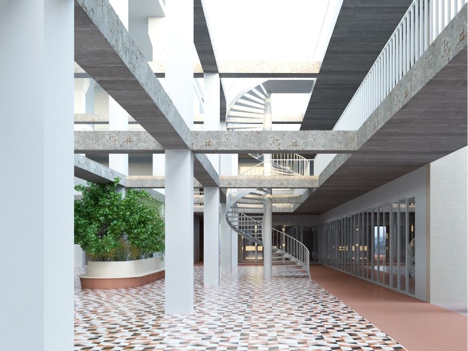 Visualisierung von einem neu gestalteten Spital-Innenhof