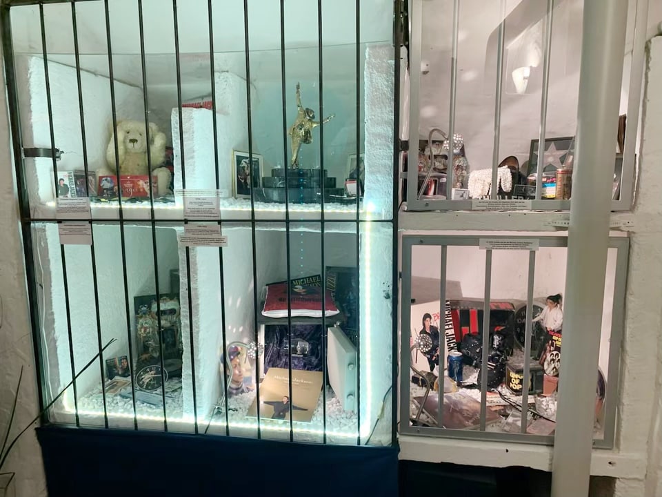 Vitrine mit dekorativen Objekten hinter Gittern.